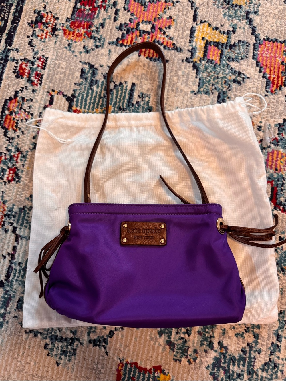 kate spade Purple Nylon Shoulder Bag with Brown Leather Trim and Plaque